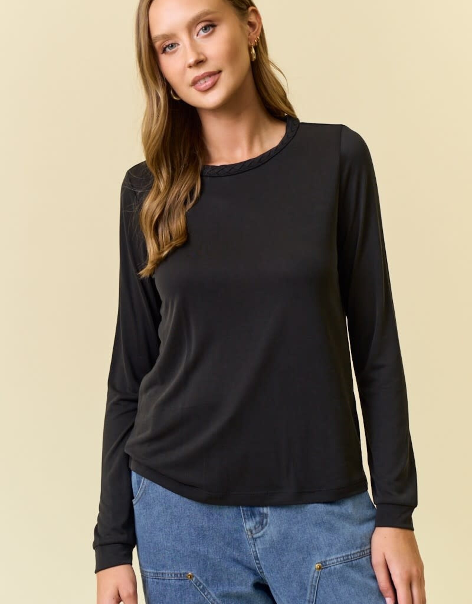 Miss Bliss D&R Modal Jersey Braided Neck Long Sleeve Top- Black