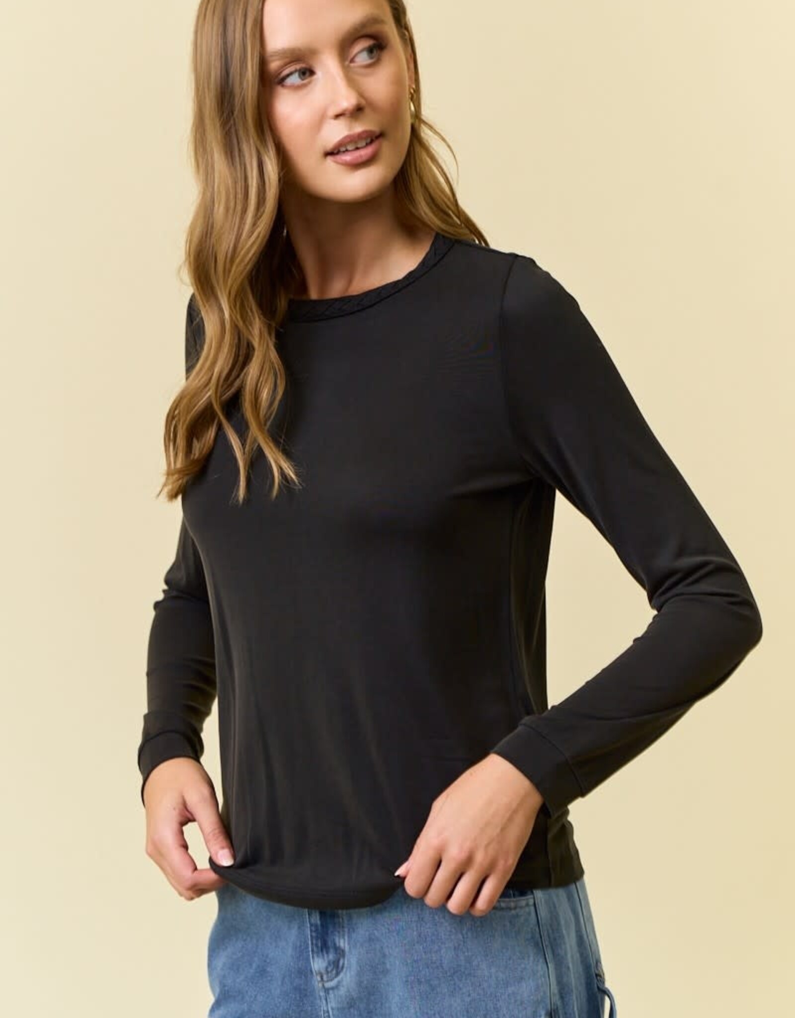 Miss Bliss D&R Modal Jersey Braided Neck Long Sleeve Top- Black