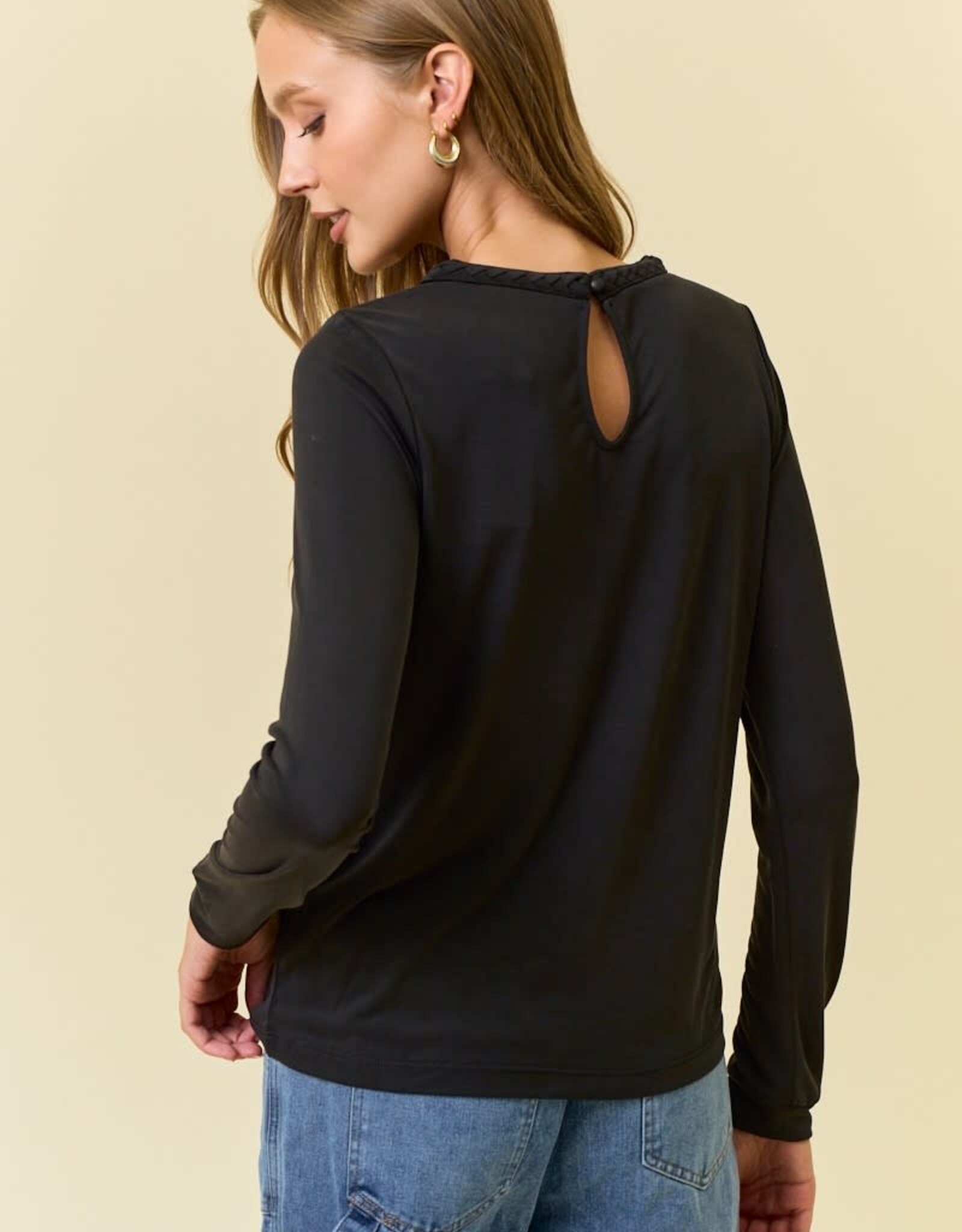 Miss Bliss D&R Modal Jersey Braided Neck Long Sleeve Top- Black