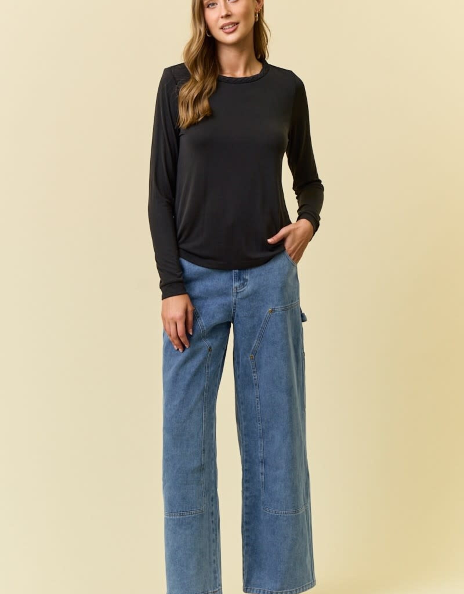 Miss Bliss D&R Modal Jersey Braided Neck Long Sleeve Top- Black