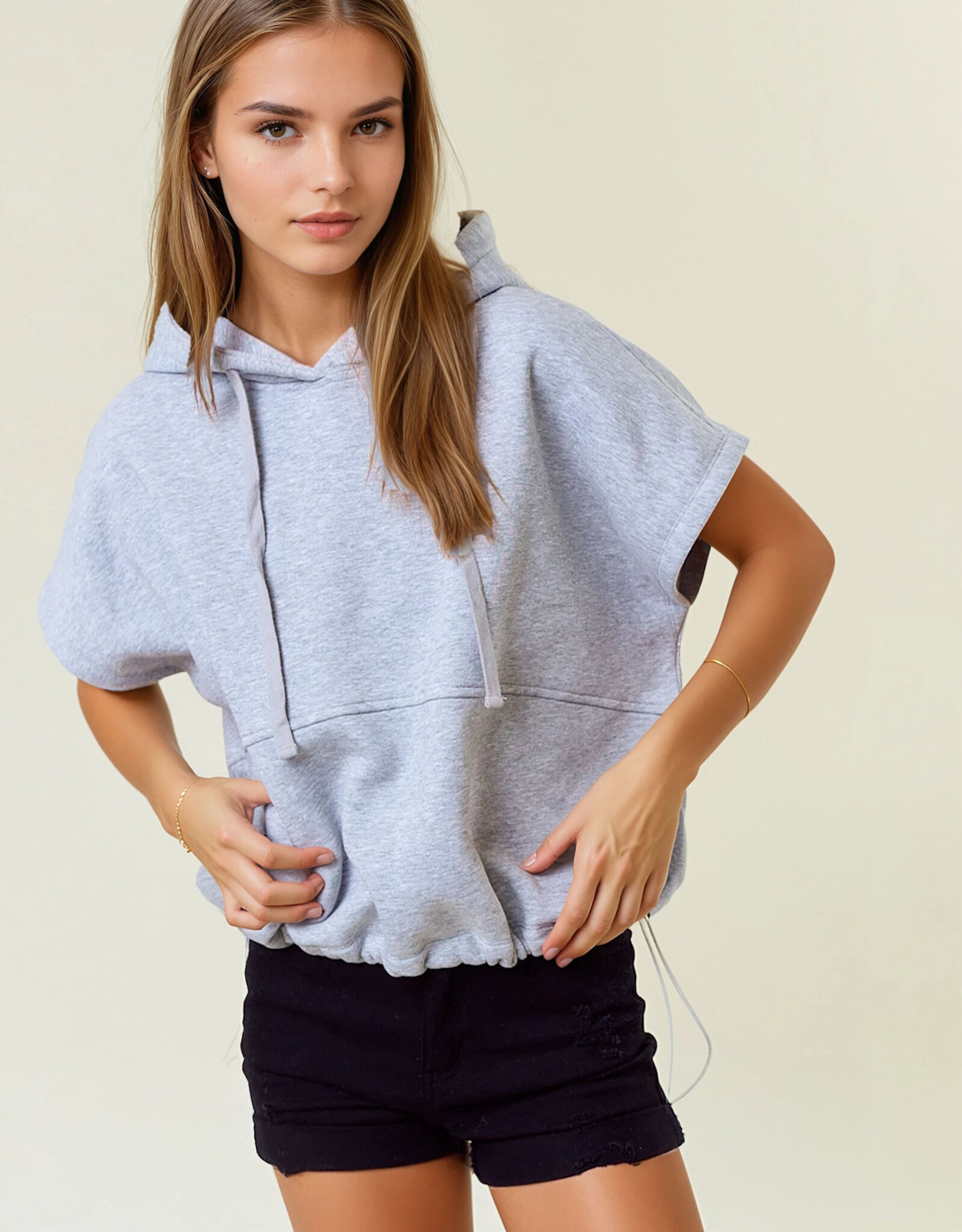 Miss Bliss D&R Drawstring Bottom Sleeveless Crop Length Hoodie- H.Grey