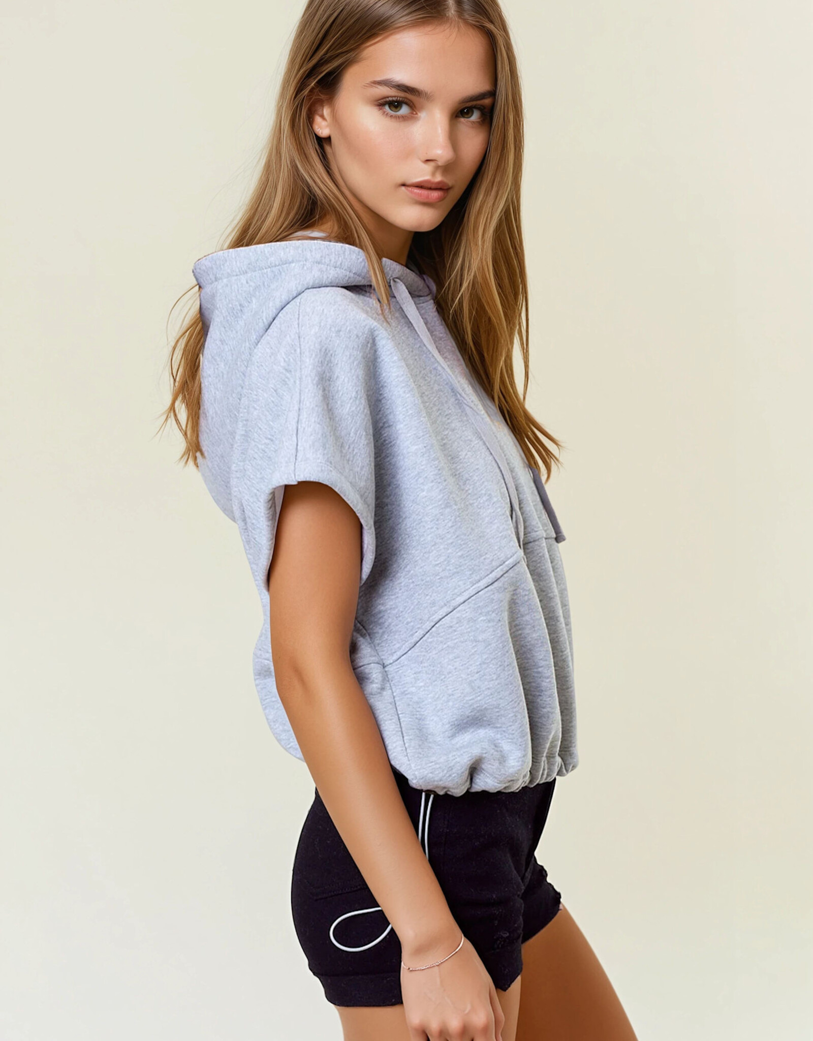 Miss Bliss D&R Drawstring Bottom Sleeveless Crop Length Hoodie- H.Grey