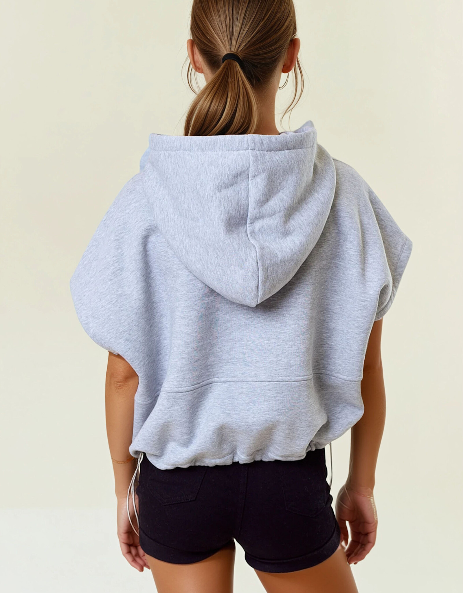Miss Bliss D&R Drawstring Bottom Sleeveless Crop Length Hoodie- H.Grey