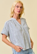 Miss Bliss D&R Stripe Button Down Shirring & Raw Detail Flowy Top-Black Stripe