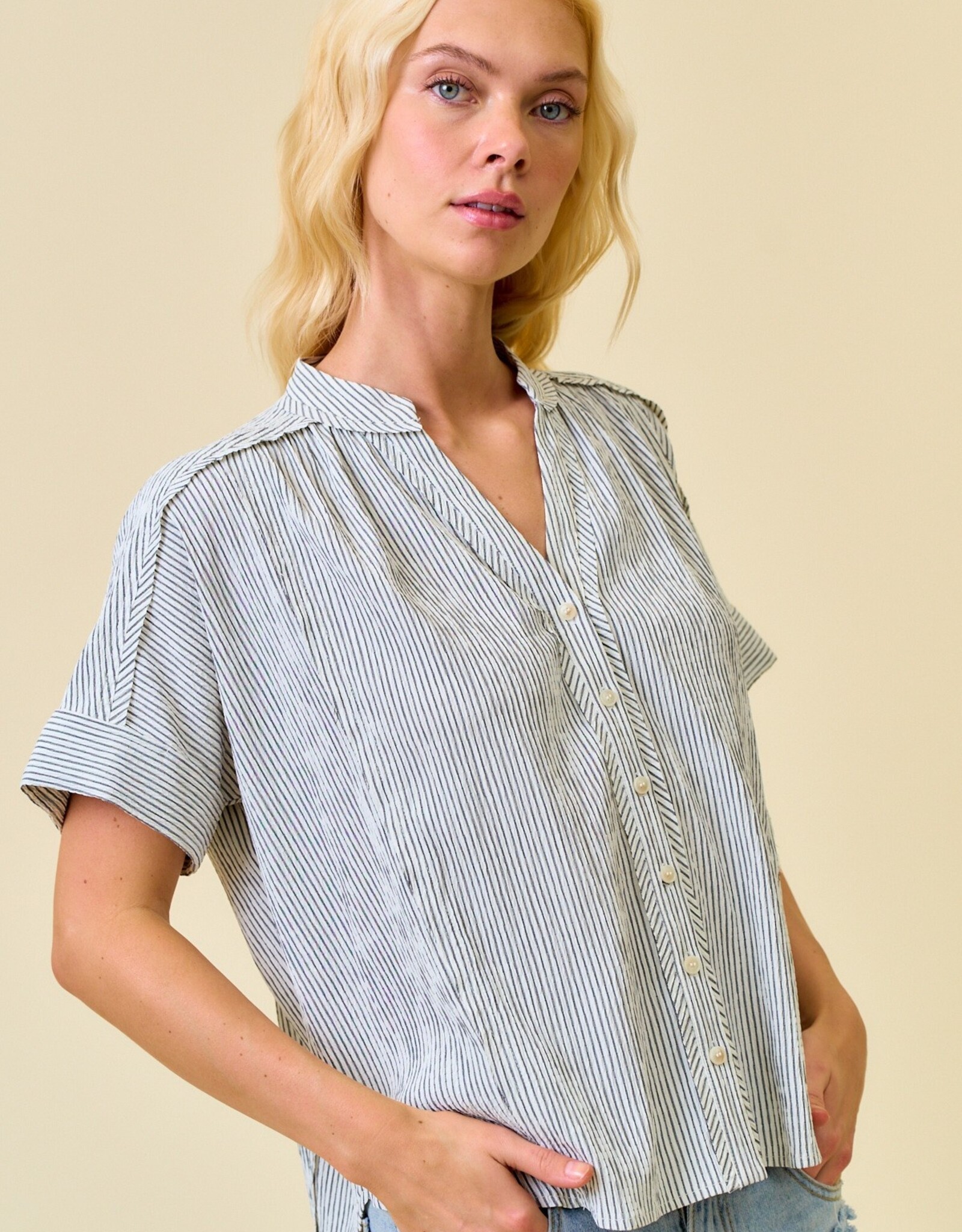 Miss Bliss D&R Stripe Button Down Shirring & Raw Detail Flowy Top-Black Stripe