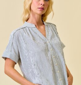 Miss Bliss Stripe Button Shirring & Raw Hem Flowy Top-Black Stripe