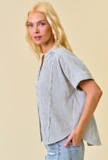 Miss Bliss D&R Stripe Button Down Shirring & Raw Detail Flowy Top-Black Stripe