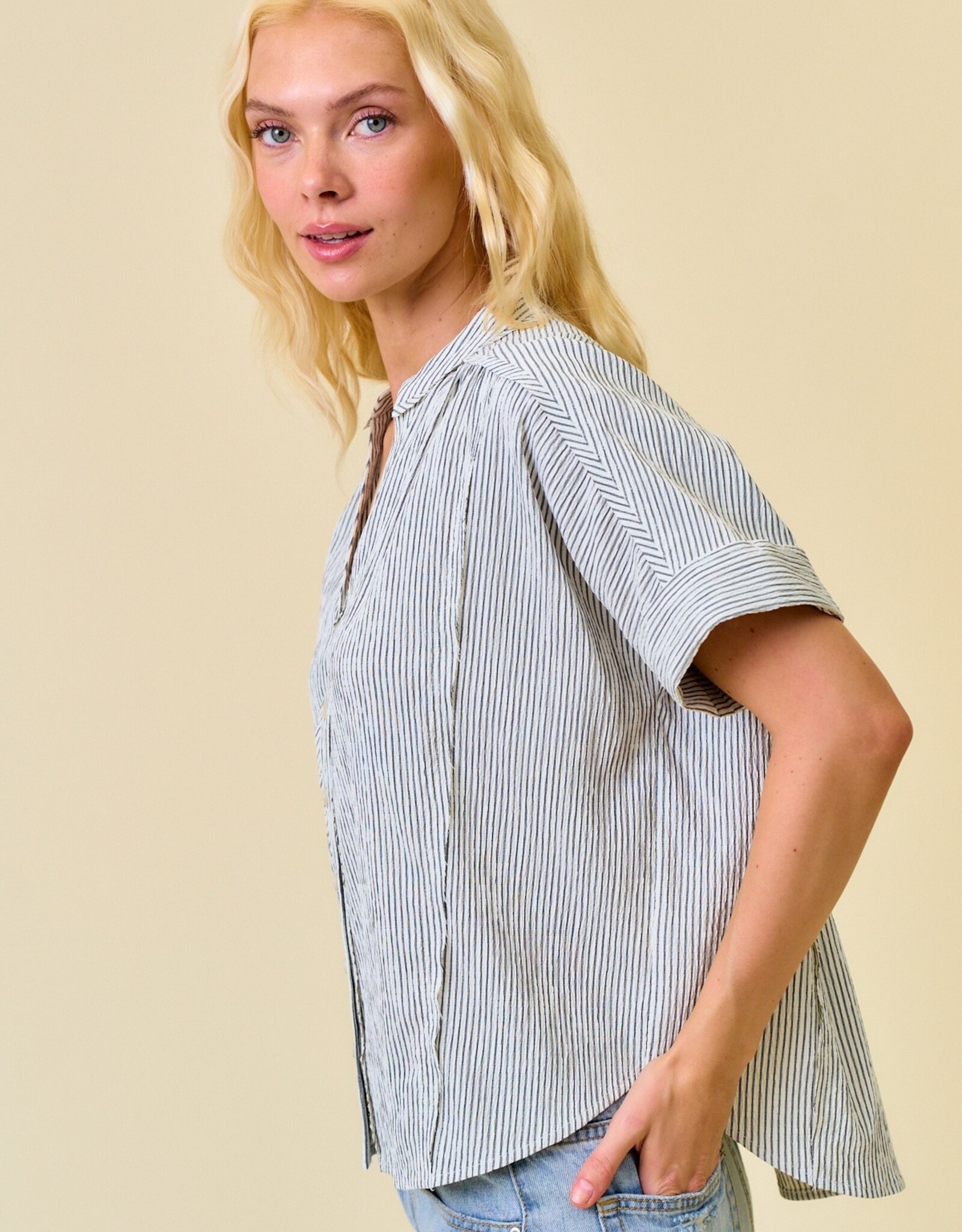 Miss Bliss D&R Stripe Button Down Shirring & Raw Detail Flowy Top-Black Stripe