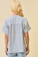 Miss Bliss D&R Stripe Button Down Shirring & Raw Detail Flowy Top-Black Stripe