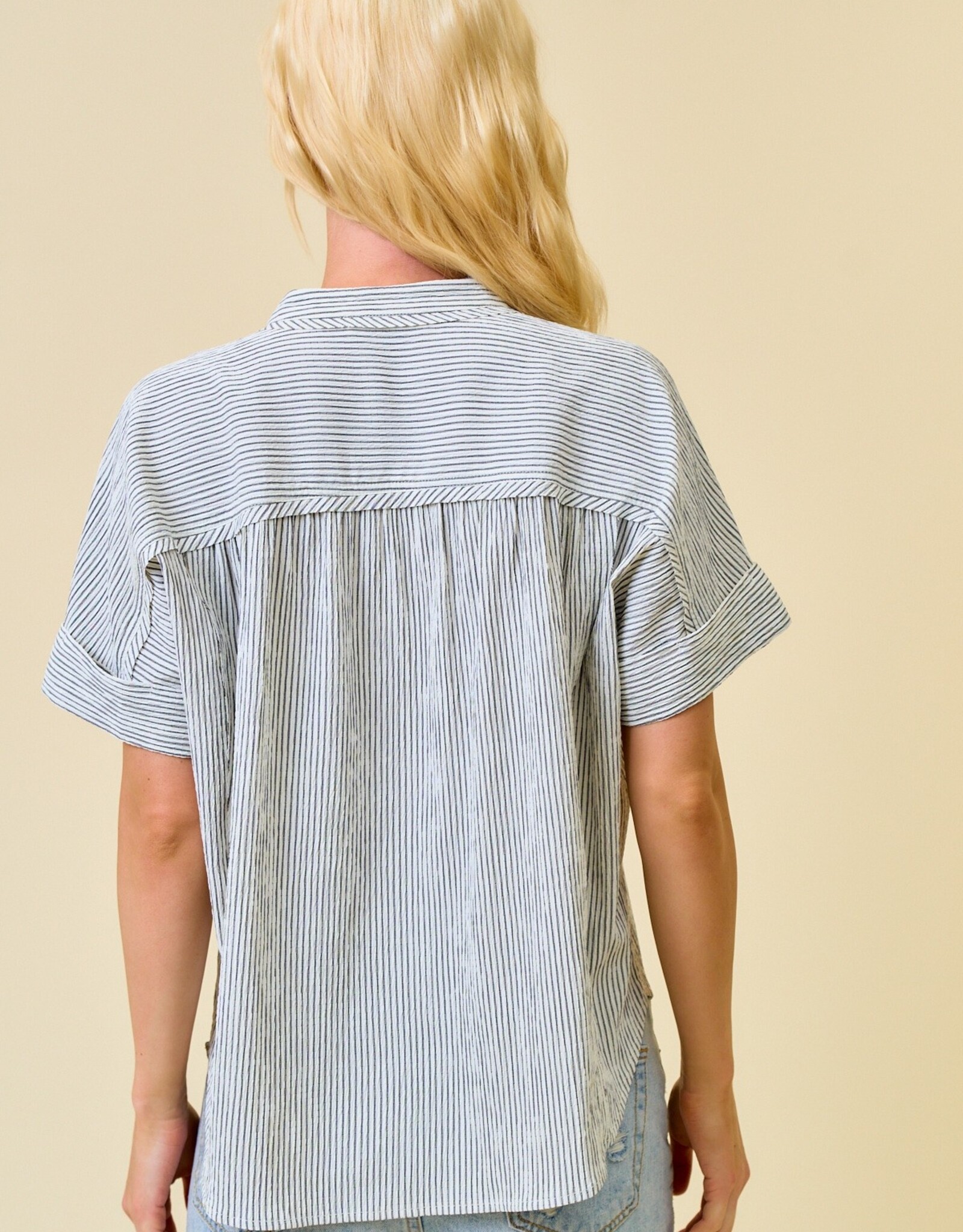 Miss Bliss D&R Stripe Button Down Shirring & Raw Detail Flowy Top-Black Stripe