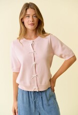 Miss Bliss D&R Pearl Bow Button Short Sleeve Cardigan-Baby Pink