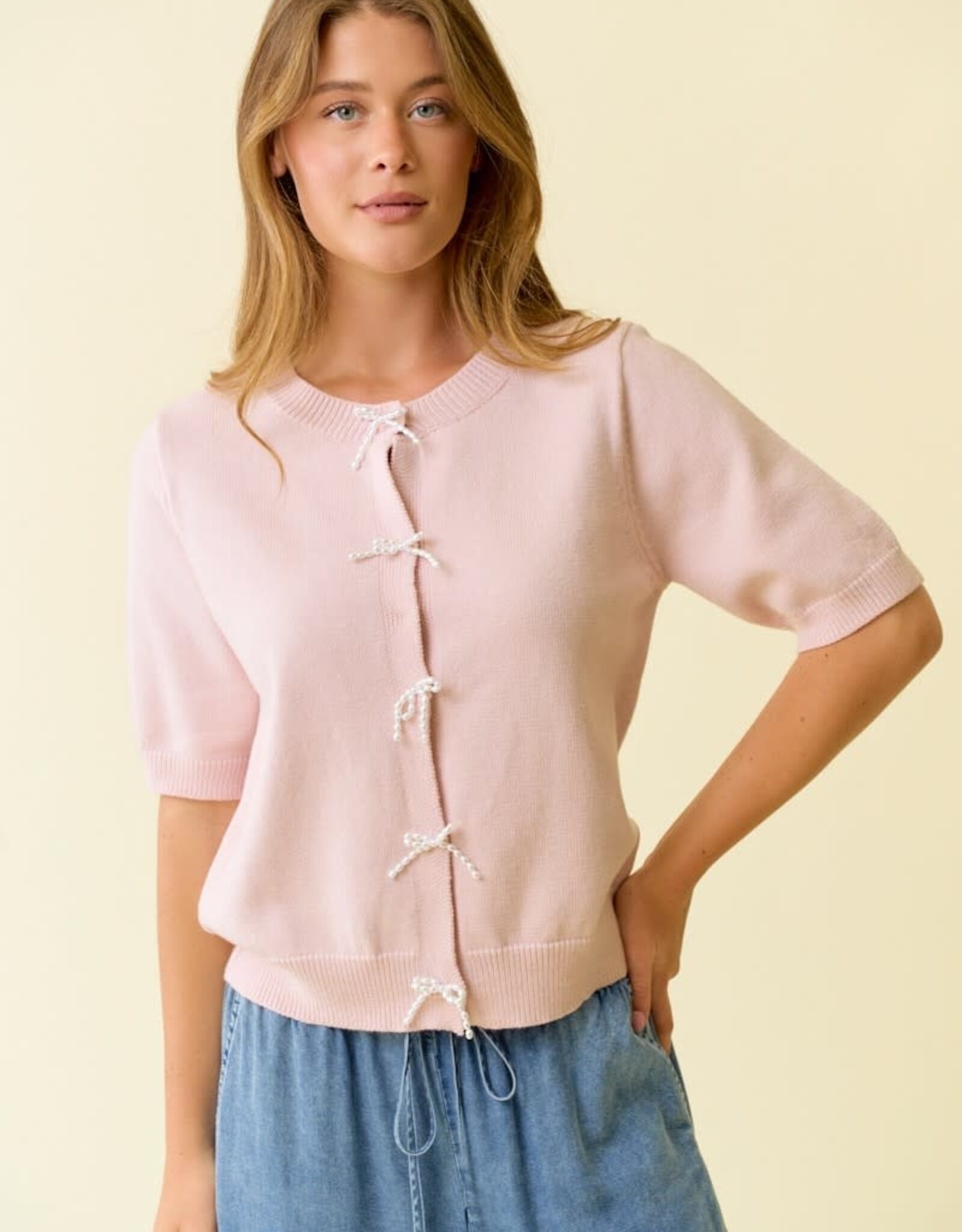 Miss Bliss D&R Pearl Bow Button Short Sleeve Cardigan-Baby Pink