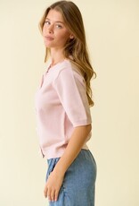 Miss Bliss D&R Pearl Bow Button Short Sleeve Cardigan-Baby Pink