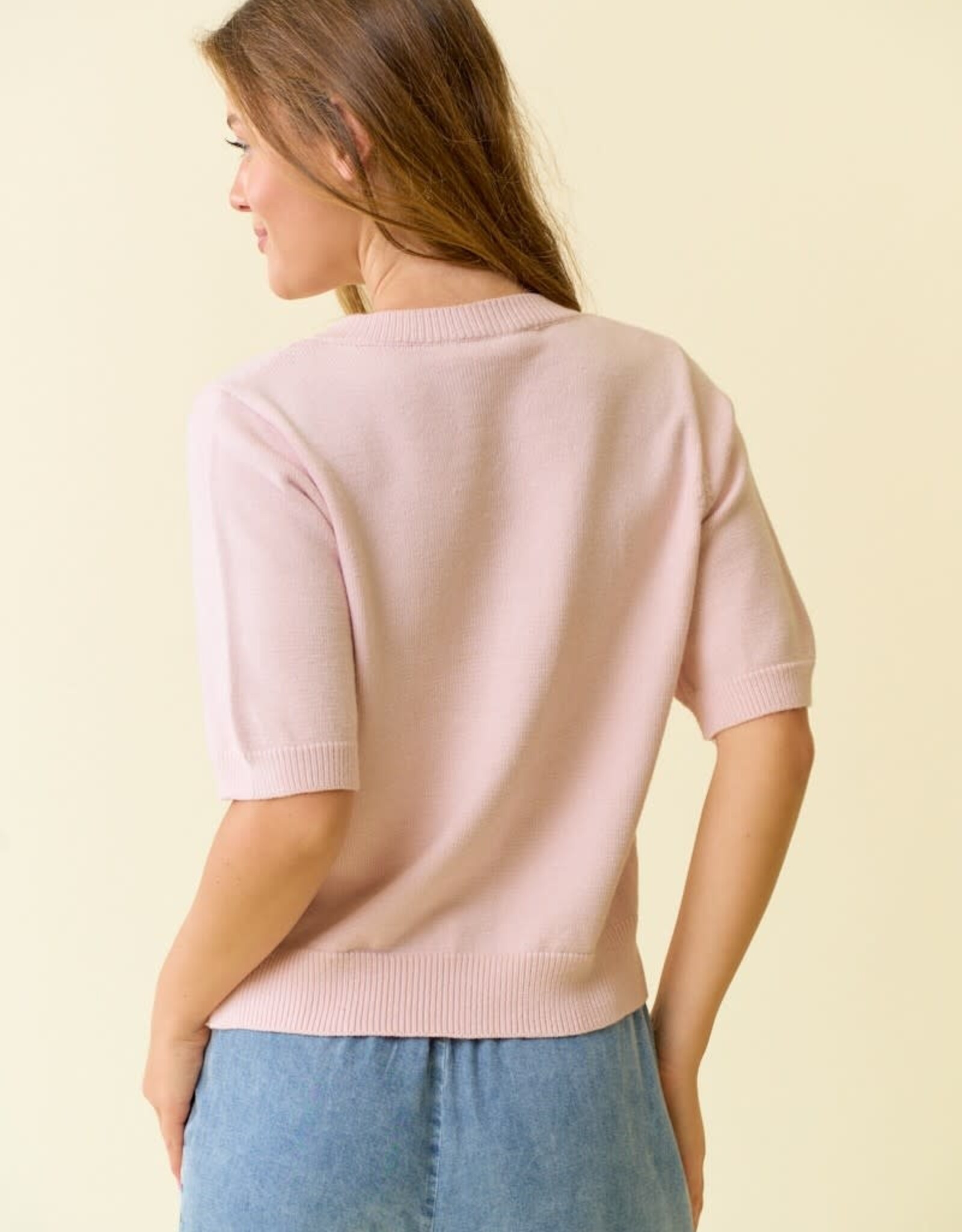 Miss Bliss D&R Pearl Bow Button Short Sleeve Cardigan-Baby Pink