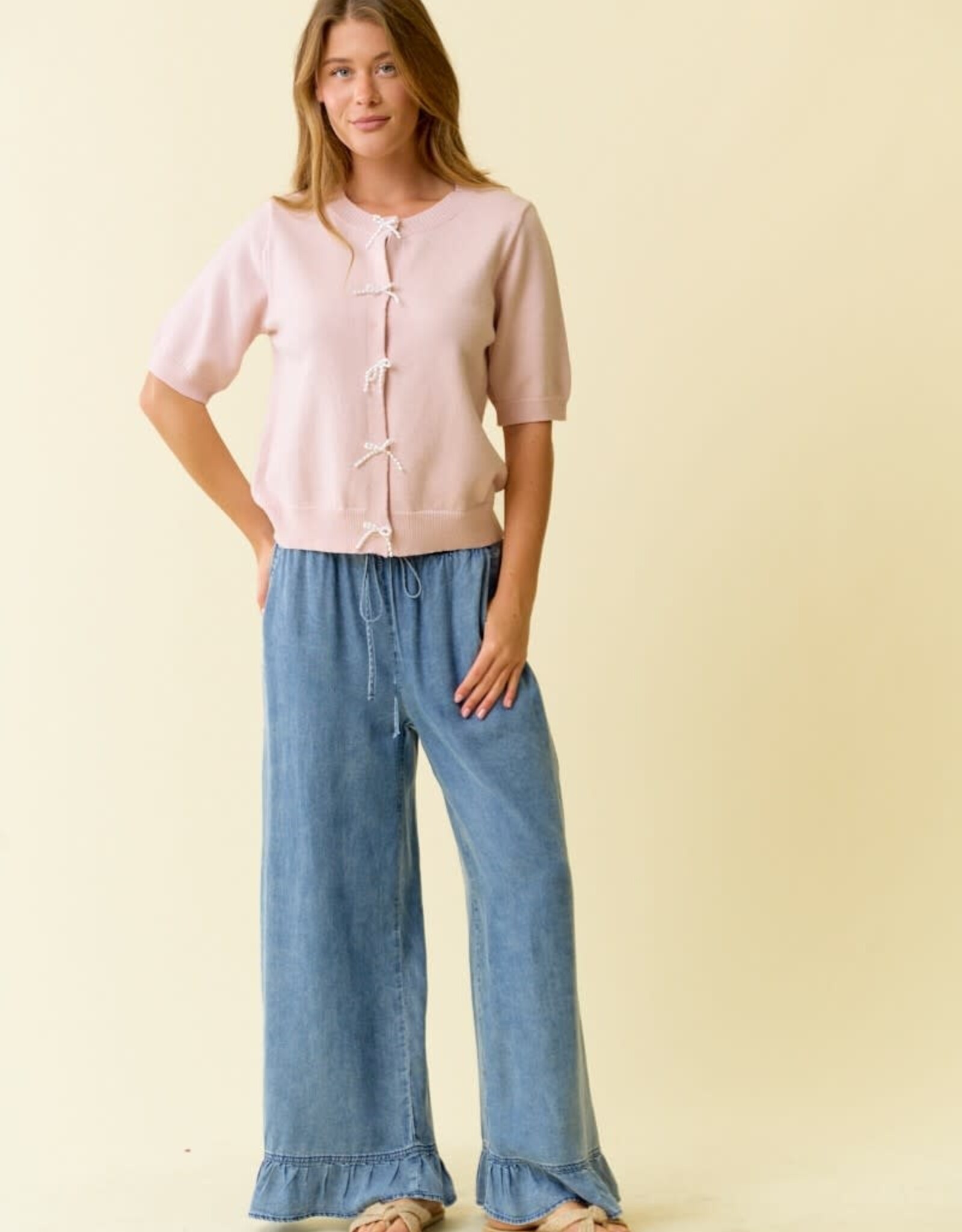 Miss Bliss D&R Pearl Bow Button Short Sleeve Cardigan-Baby Pink