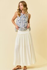 Miss Bliss D&R Round Neck Pleated Detail Blouse-Ivory&Blue