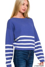 Miss Bliss Zen Viscose Striped Cropped Sweater-Navy/Iv
