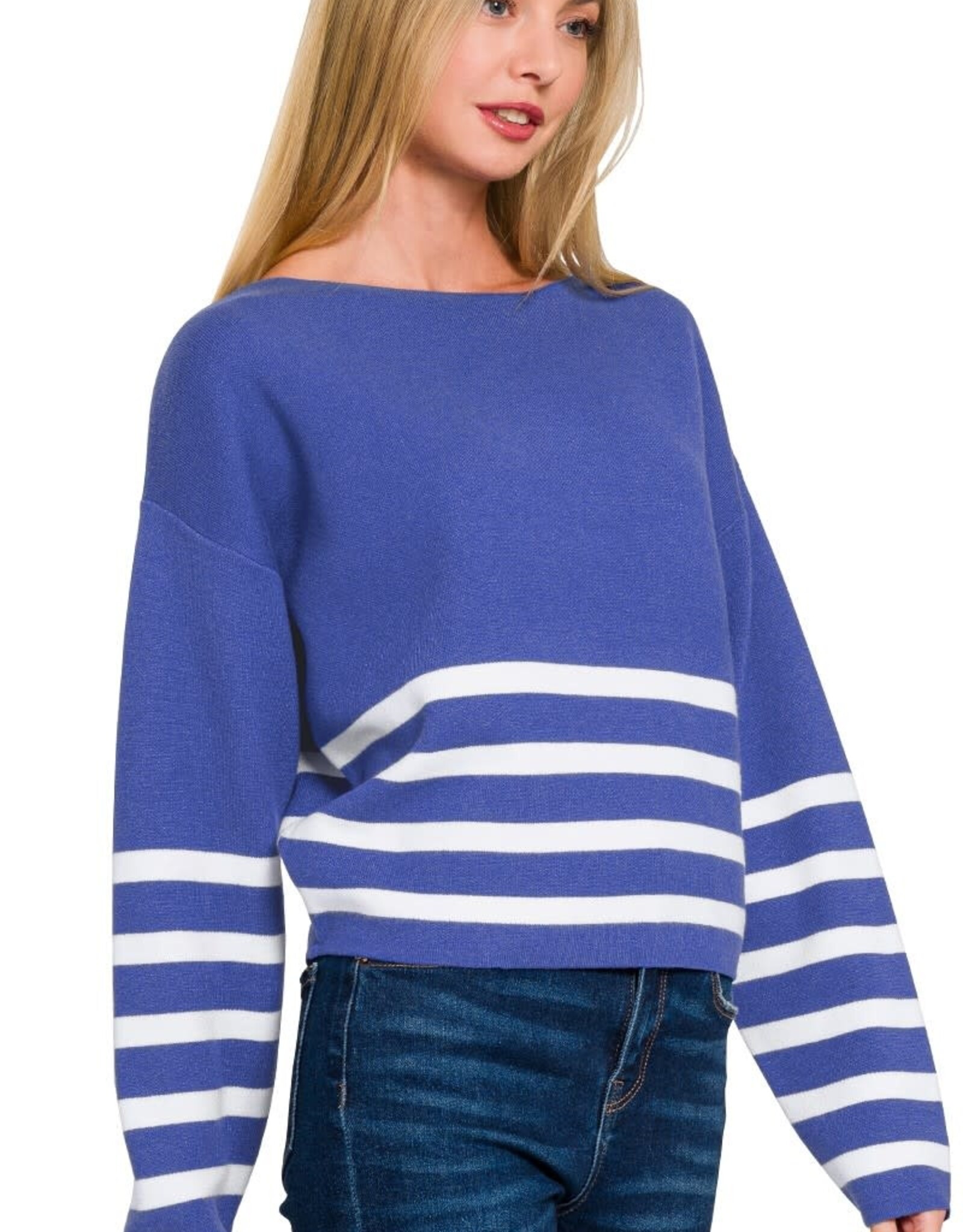Miss Bliss Zen Viscose Striped Cropped Sweater-Navy/Iv