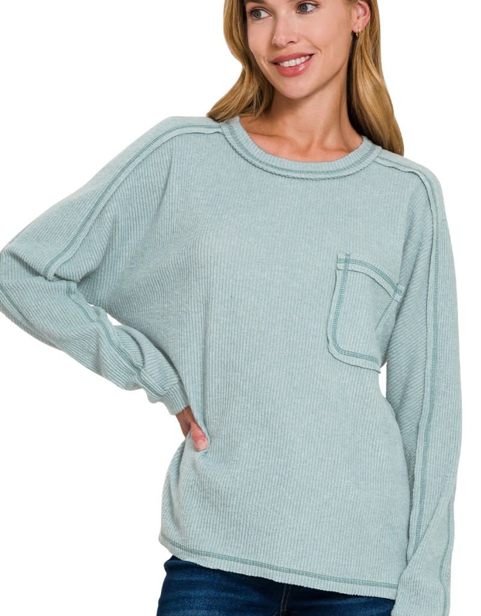 Miss Bliss Zen Brushed Ribbed Hacci Rnd Nck Sweater-Blue Grey