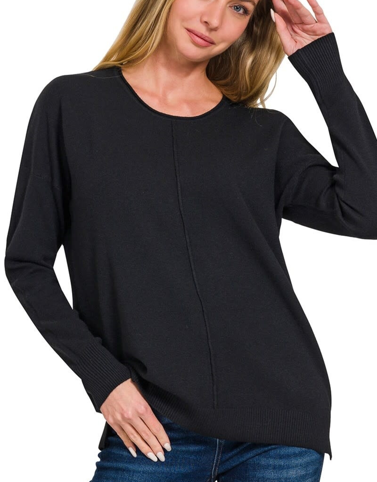Miss Bliss Zen Viscose Front Seam Round Neck Sweater- Black