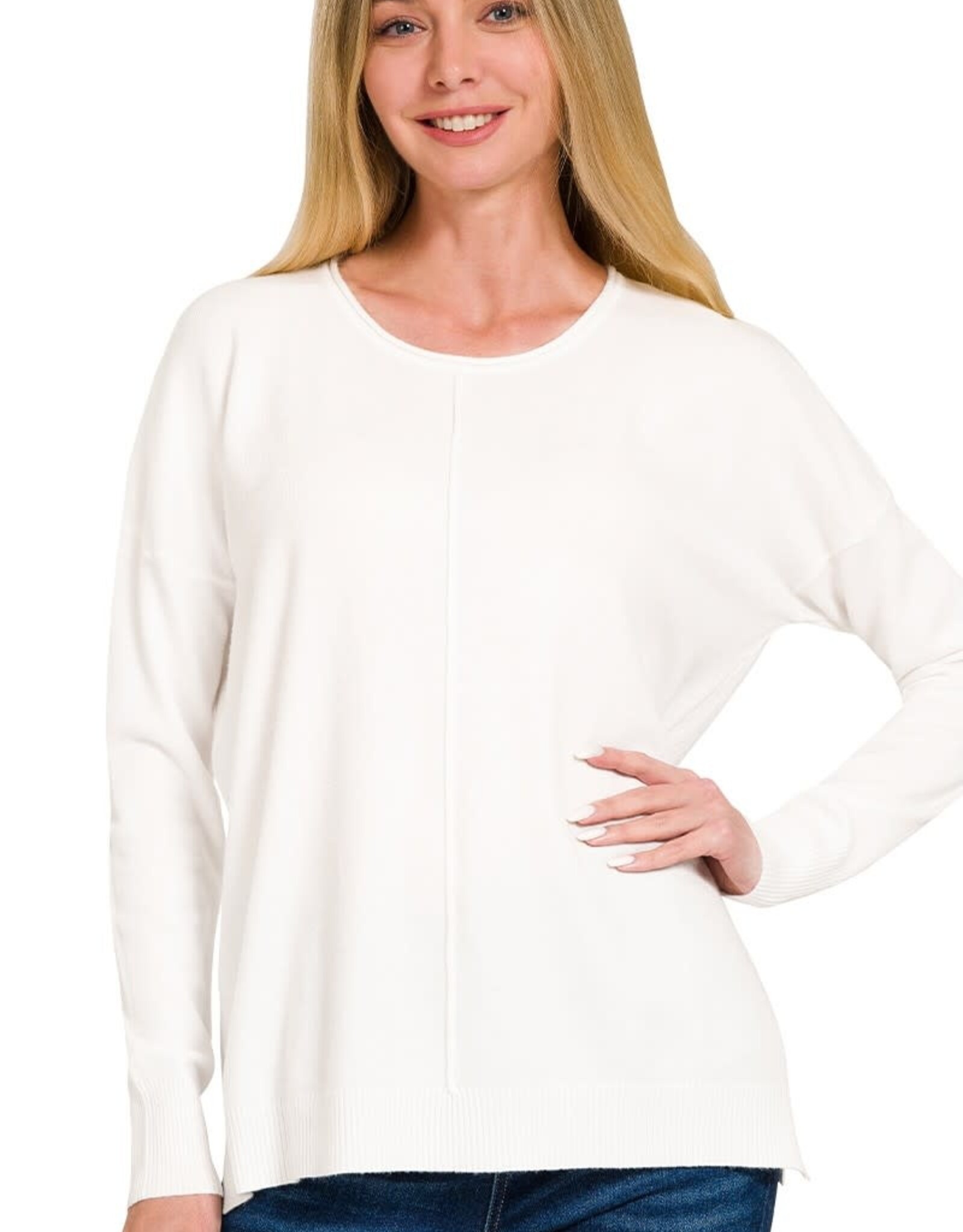 Miss Bliss Zen Viscose Front Seam Round Neck Sweater-Ivory