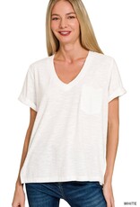 Miss Bliss Zen Slub Rolled Short Sleeve V-Neck Tee-White