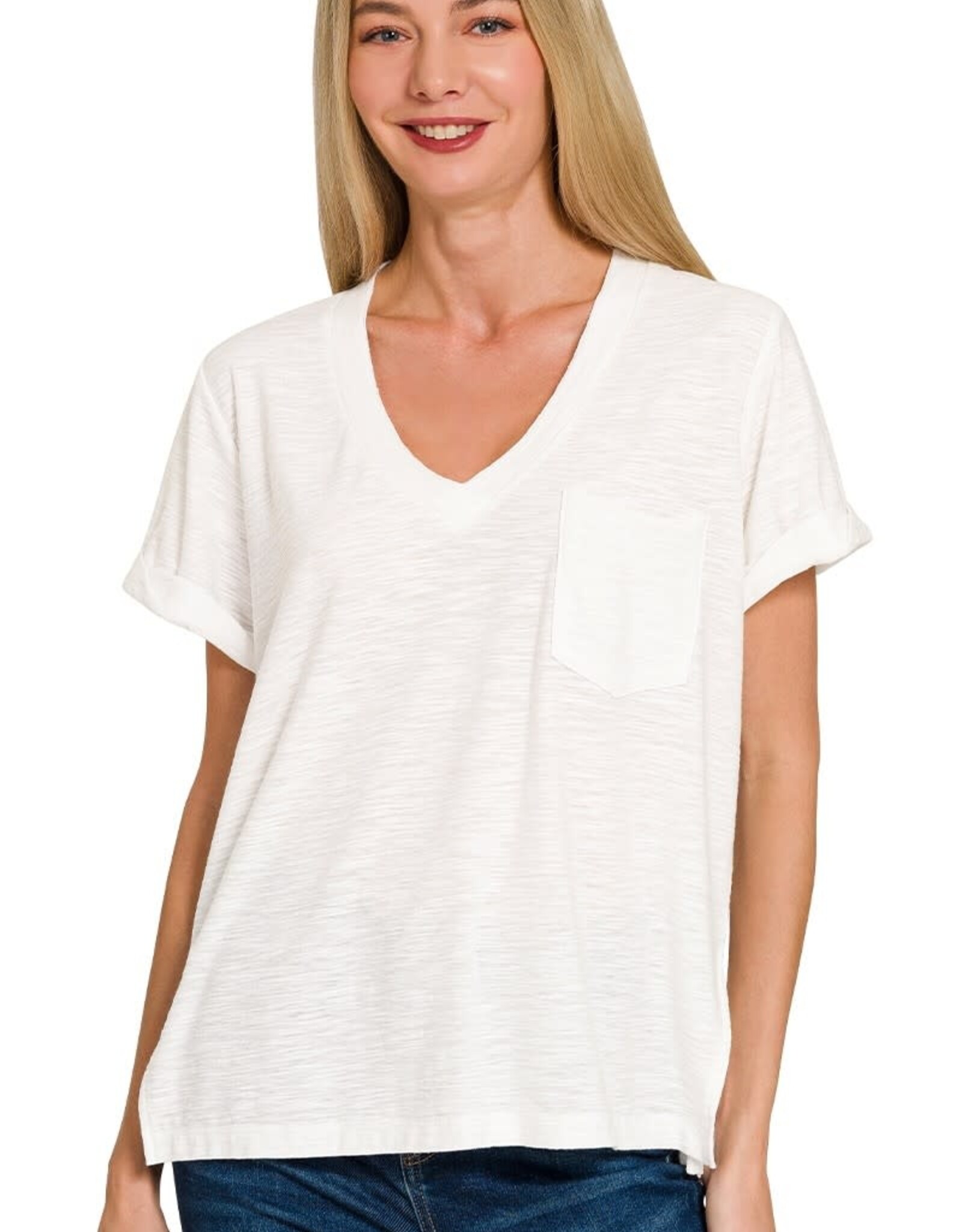 Miss Bliss Zen Slub Rolled Short Sleeve V-Neck Tee-White