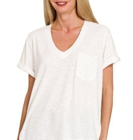 Miss Bliss Slub Rolled Short Sleeve V Neck Tee-White