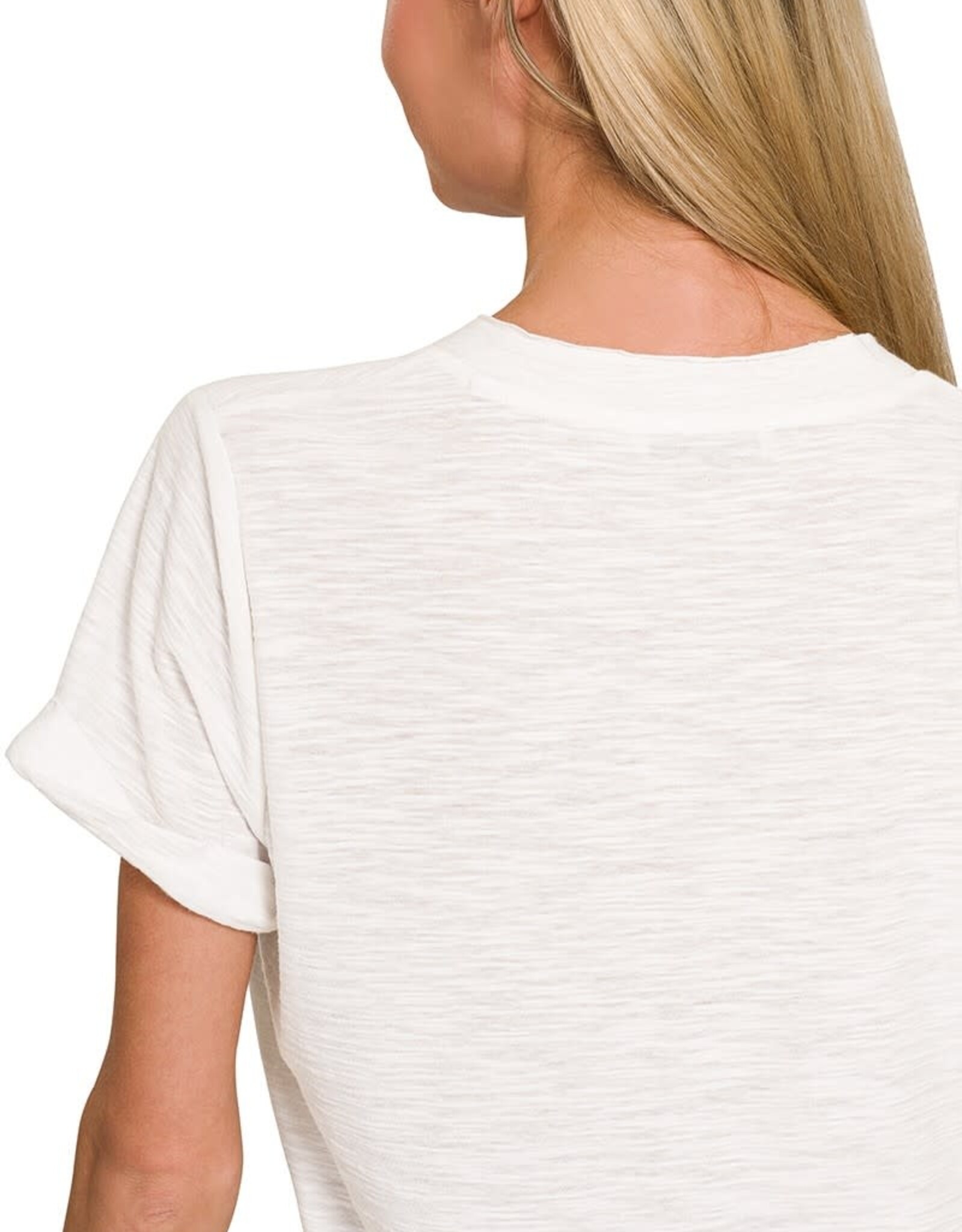 Miss Bliss Zen Slub Rolled Short Sleeve V-Neck Tee-White