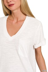 Miss Bliss Zen Slub Rolled Short Sleeve V-Neck Tee-White