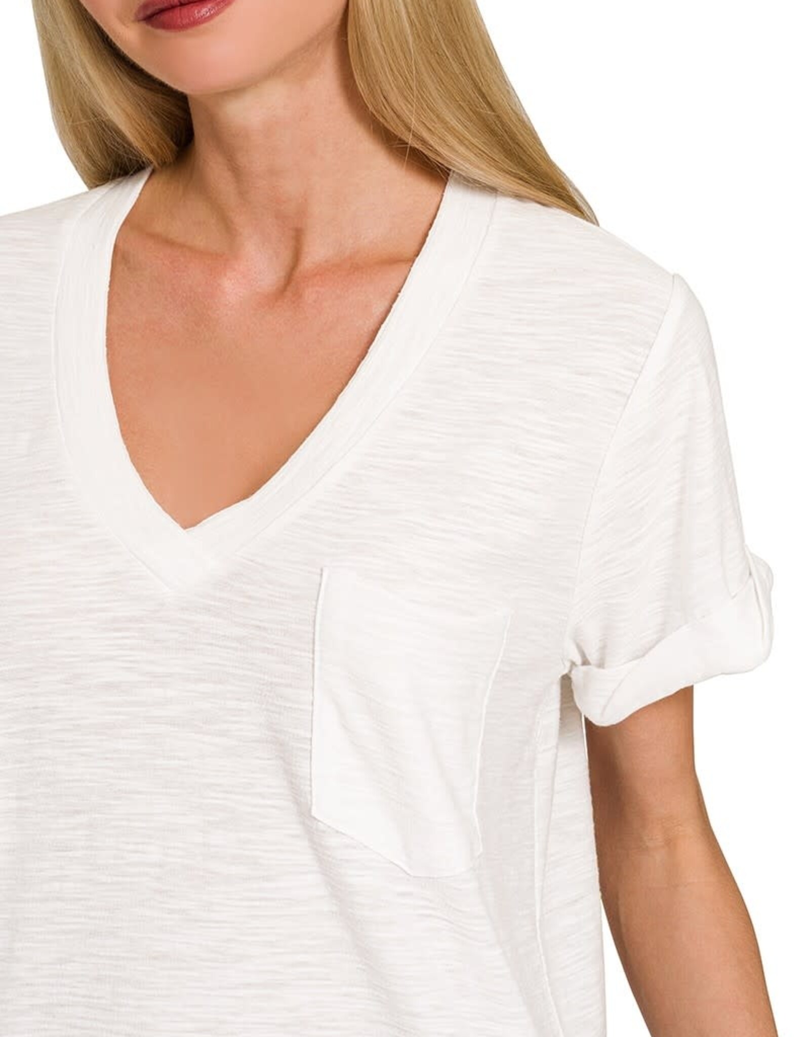 Miss Bliss Zen Slub Rolled Short Sleeve V-Neck Tee-White