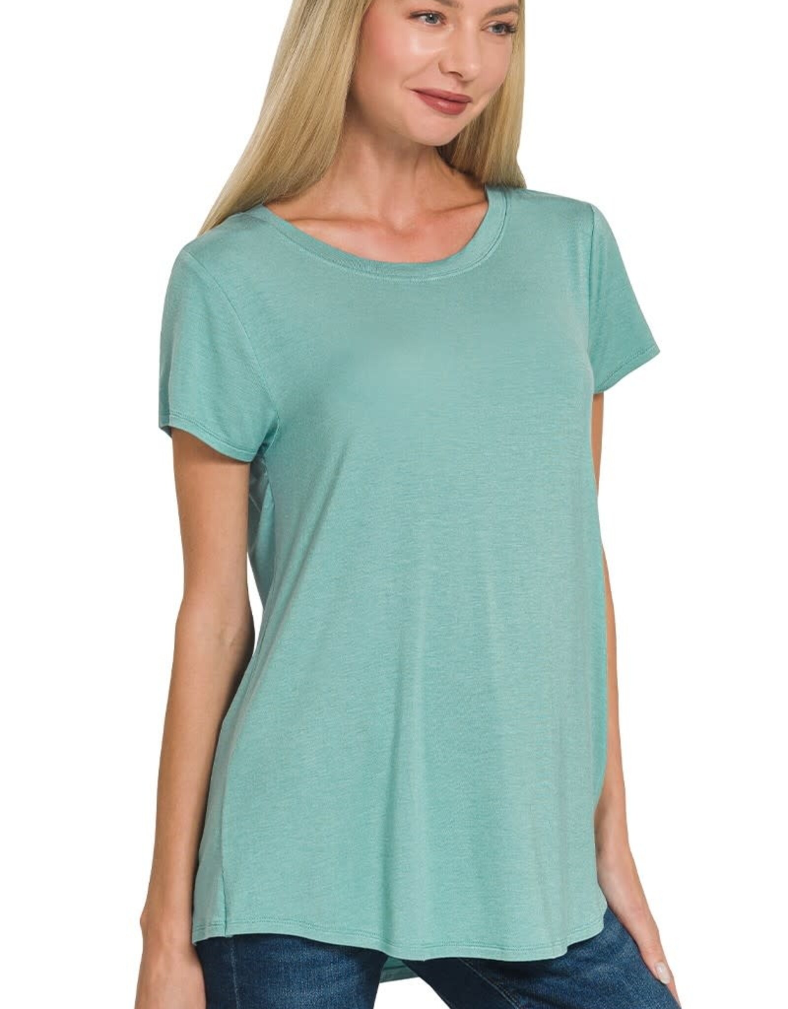 Miss Bliss Zen Flowy R Hem Rayon Ss Top-Dusty Teal