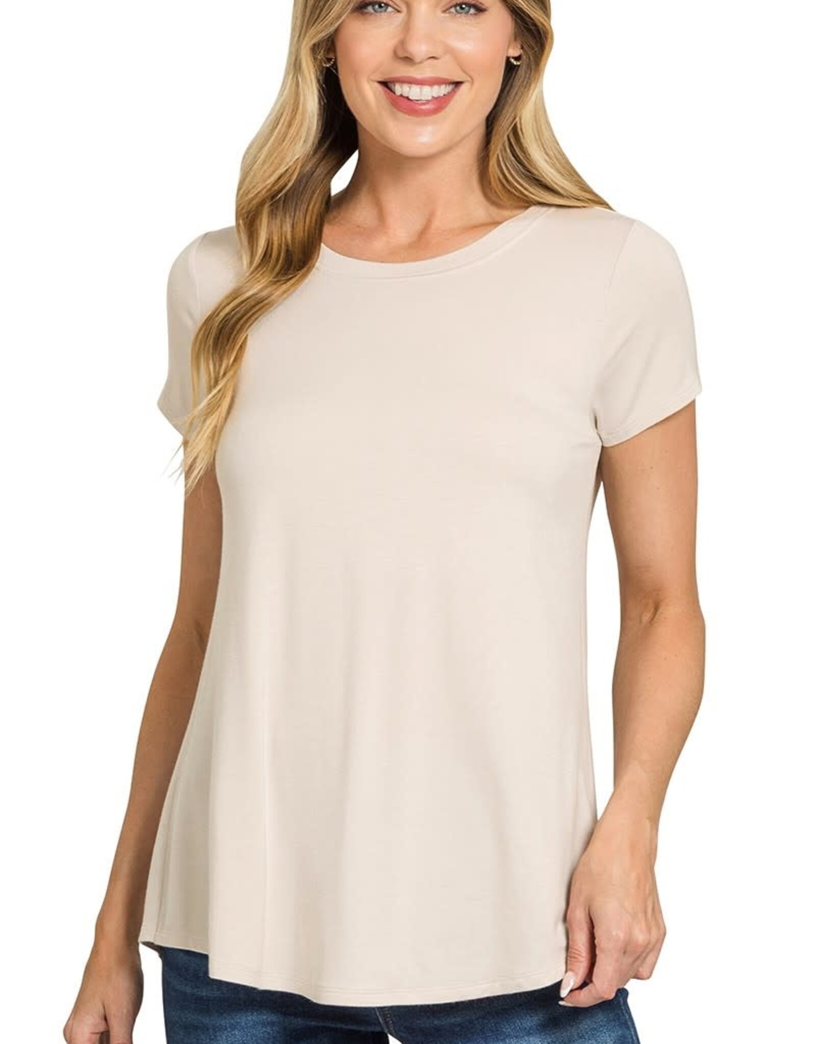 Miss Bliss Zen Flowy R Hem Rayon Ss Top-Sand Beige