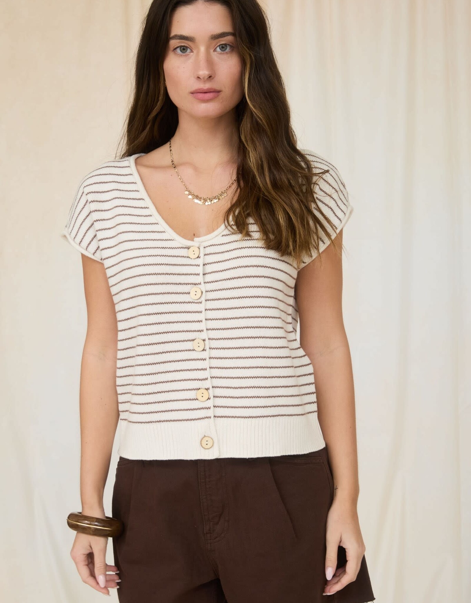 Miss Bliss Workshop Stripe Scoop Neck Button Up Top-Brown