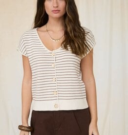 Miss Bliss Stripe Scoop Neck Button Up Top-Brown