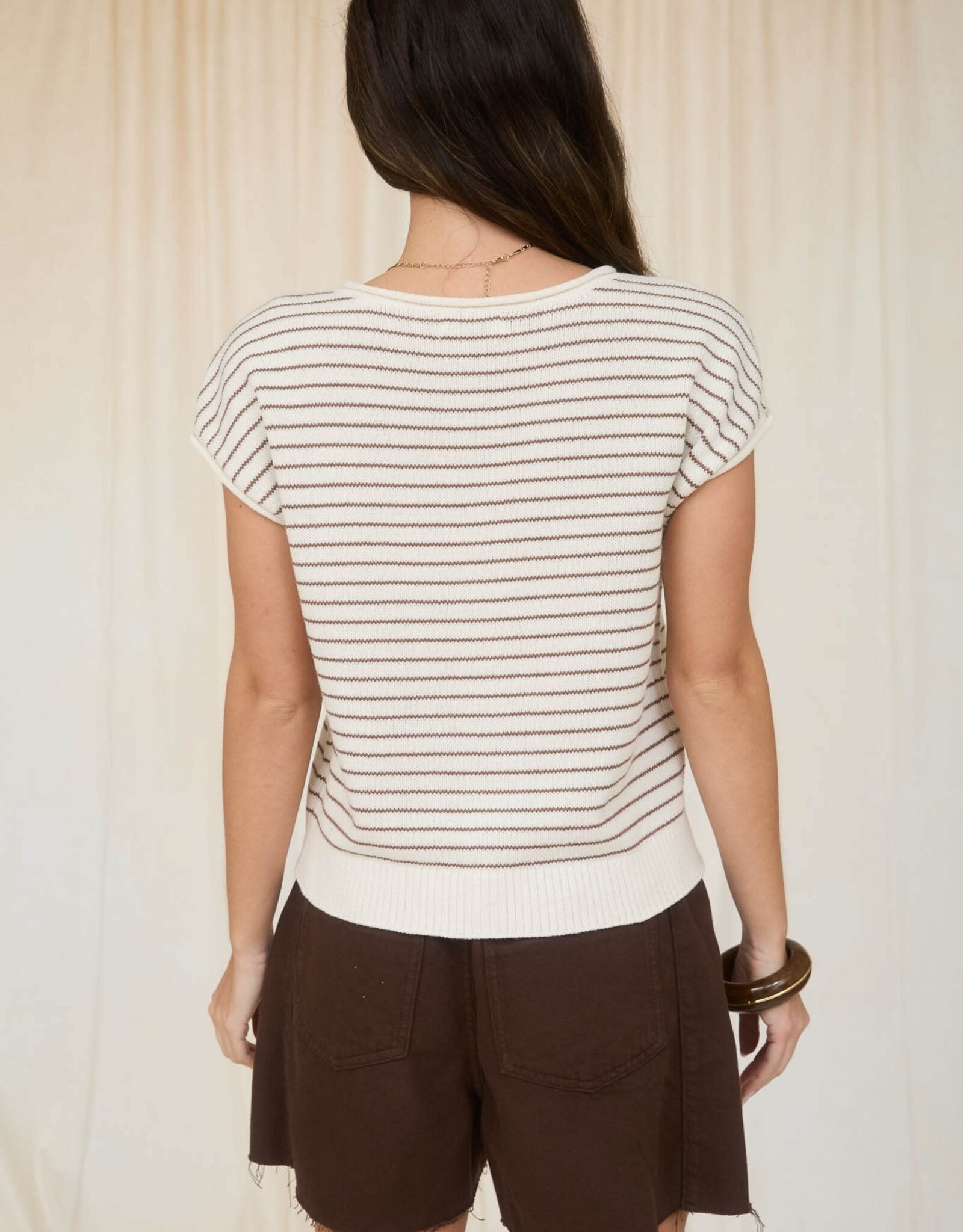 Miss Bliss Workshop Stripe Scoop Neck Button Up Top-Brown