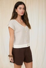 Miss Bliss Workshop Stripe Scoop Neck Button Up Top-Brown