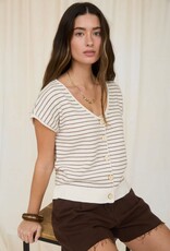 Miss Bliss Workshop Stripe Scoop Neck Button Up Top-Brown