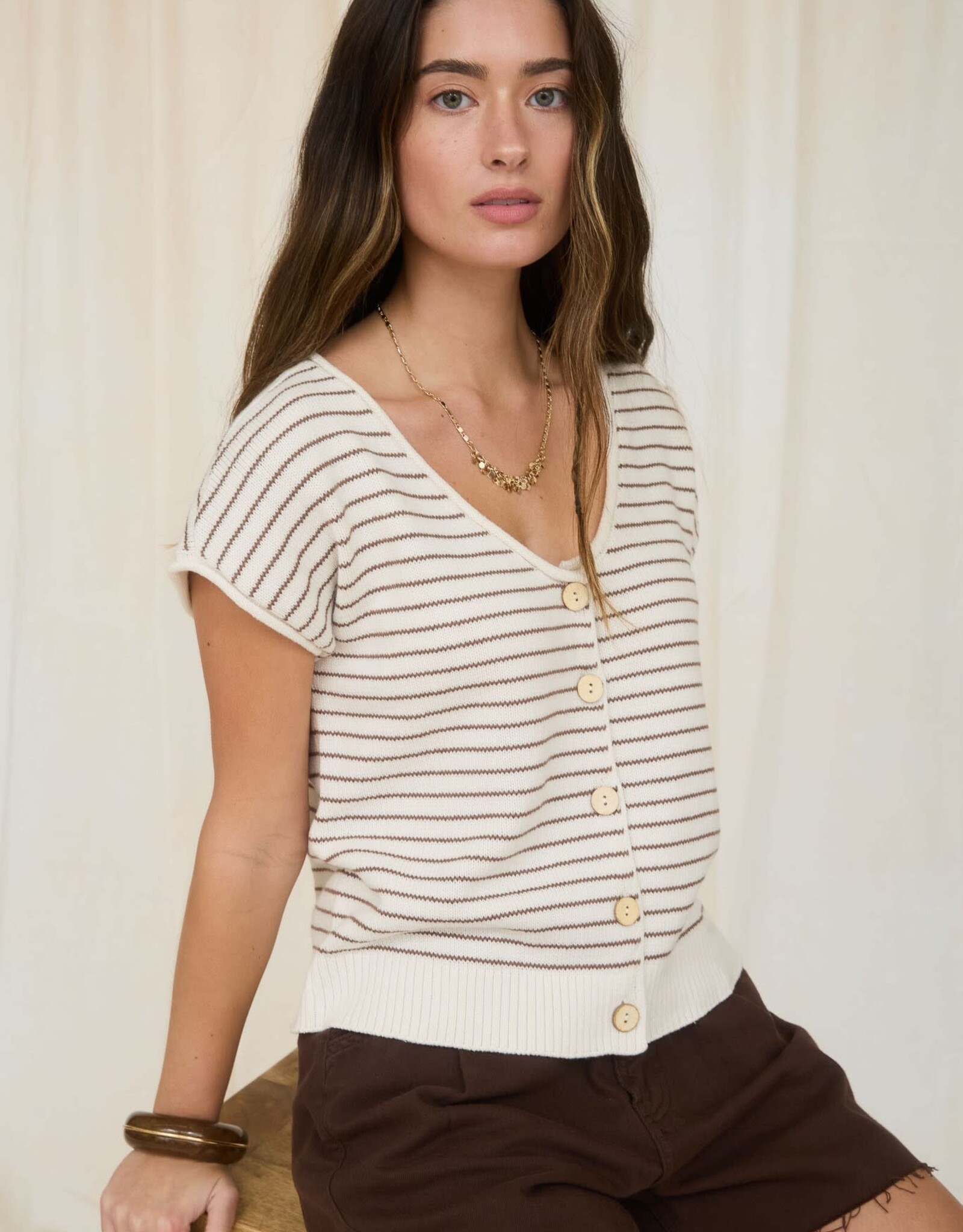 Miss Bliss Workshop Stripe Scoop Neck Button Up Top-Brown