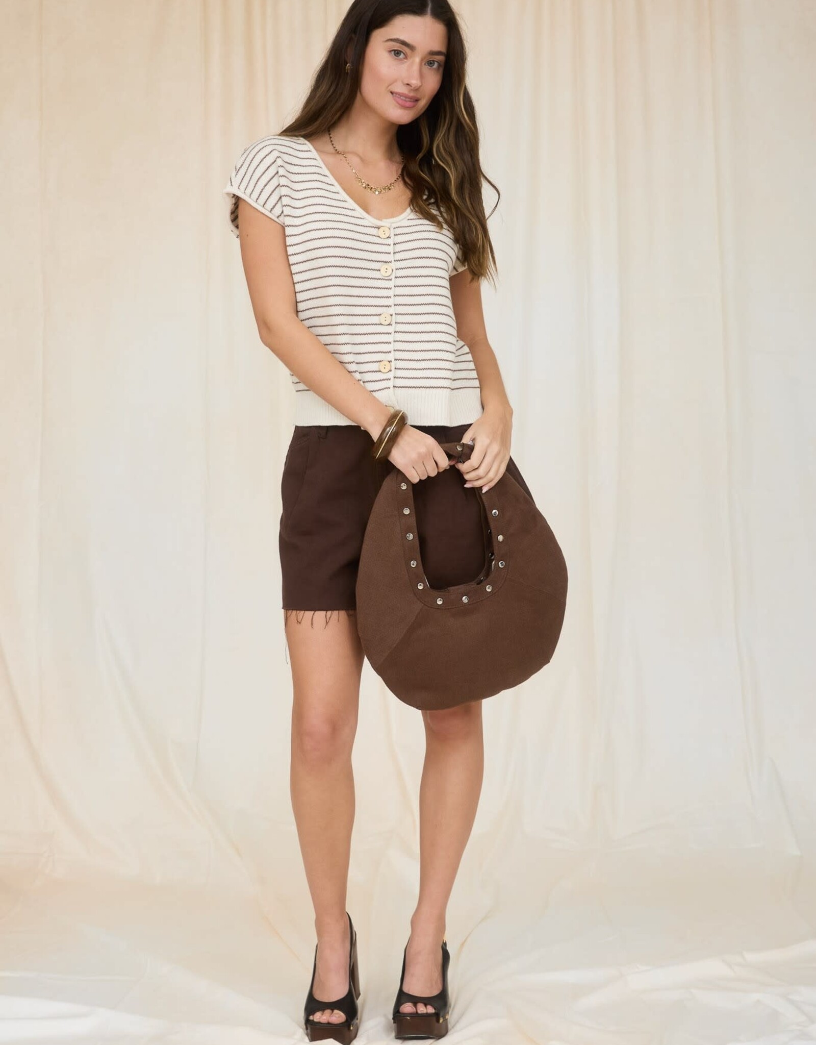 Miss Bliss Workshop Stripe Scoop Neck Button Up Top-Brown