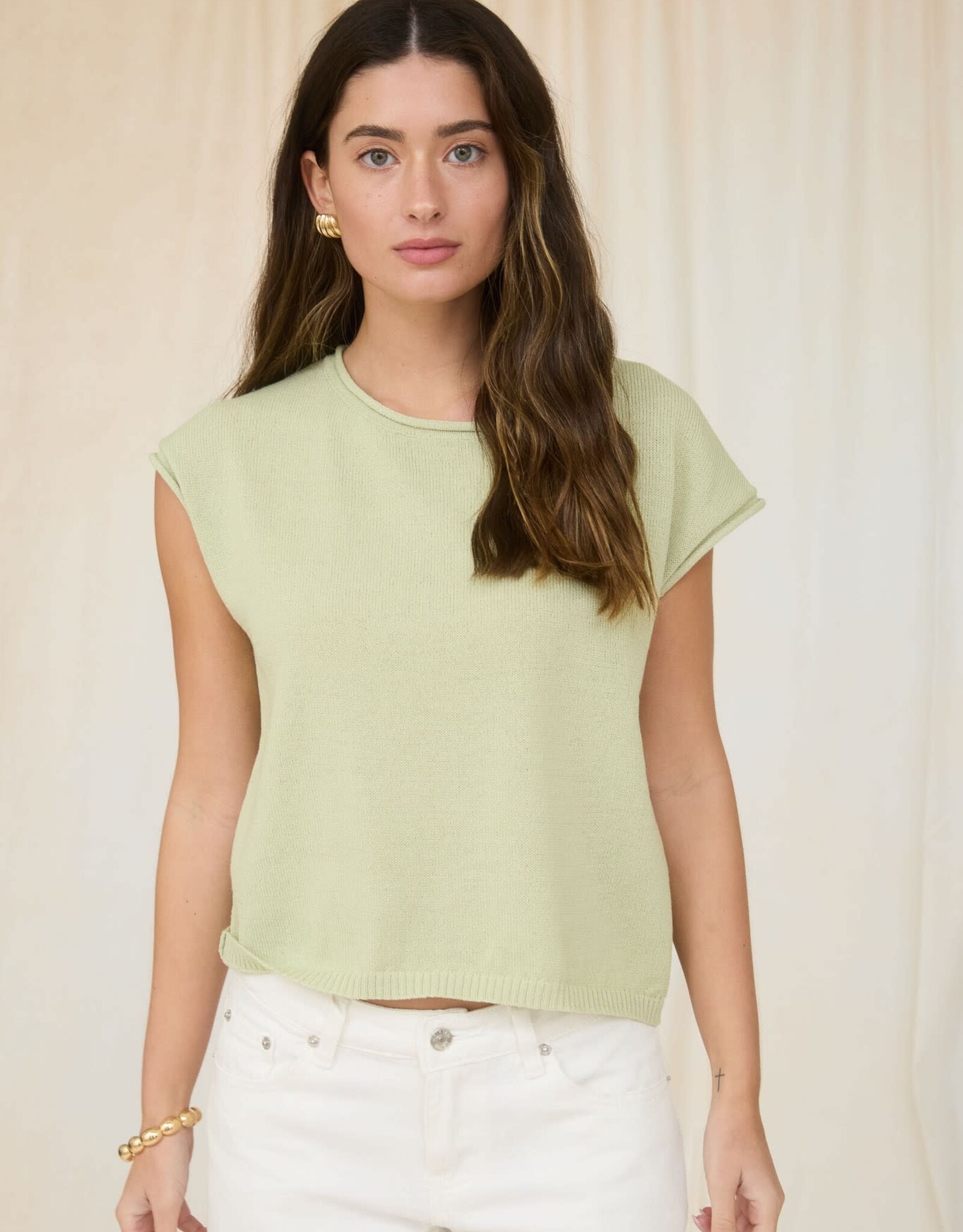 Miss Bliss Workshop Raw Edge Drop Shdlr Solid Knit-Olive Lt
