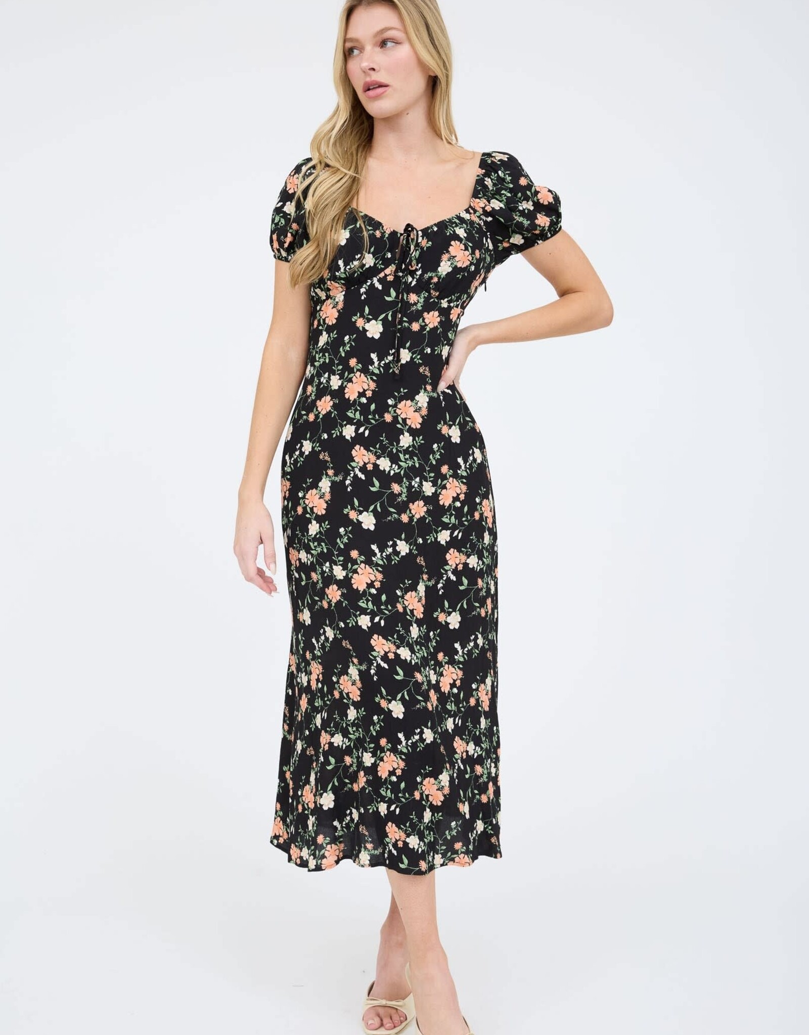 Miss Bliss Workshop Floral SS Puff Slv Midi Dress-Black