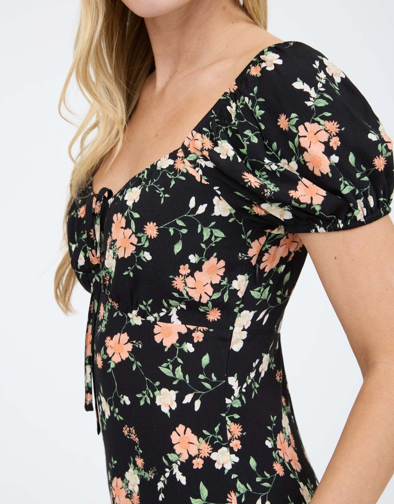 Miss Bliss Workshop Floral SS Puff Slv Midi Dress-Black