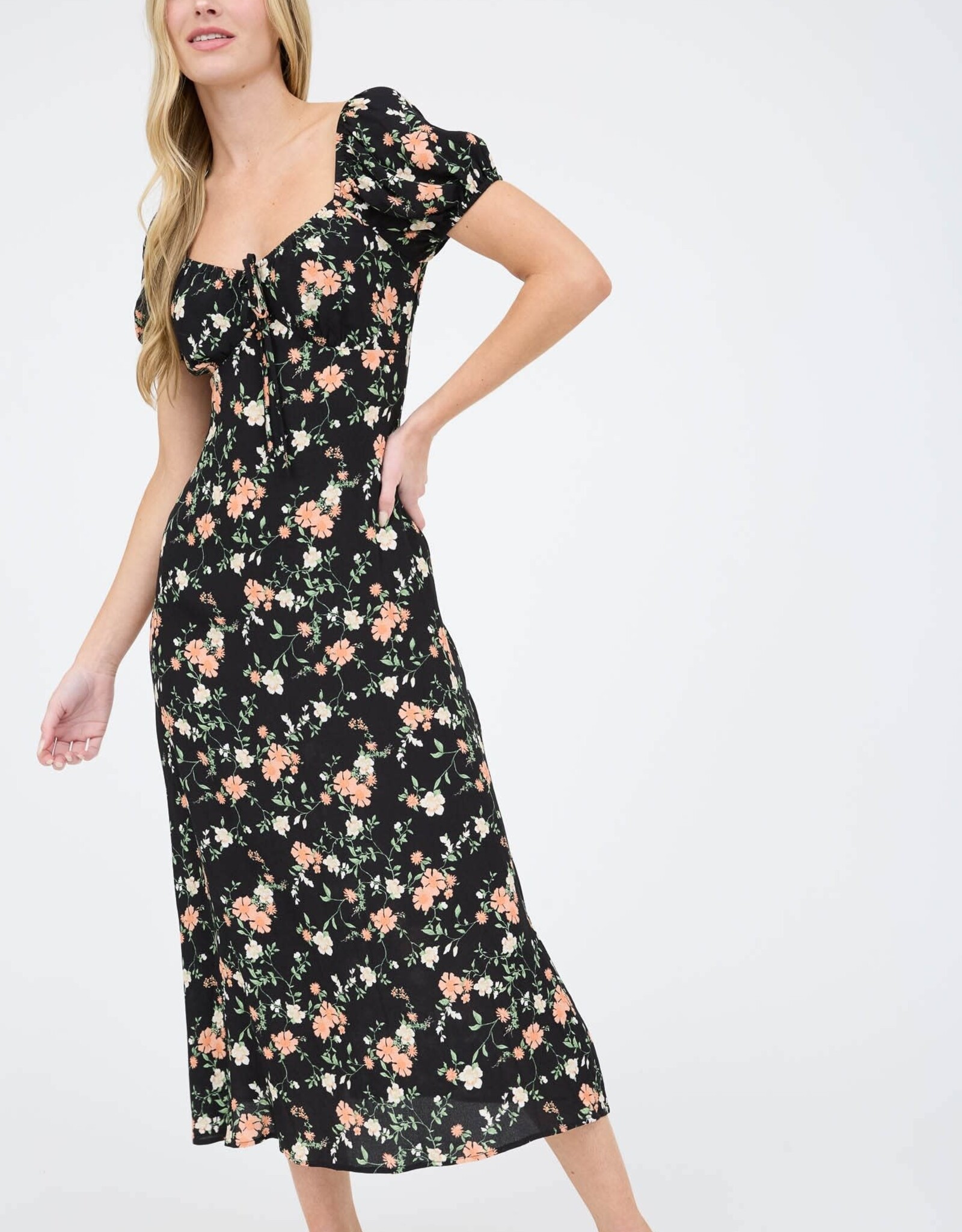 Miss Bliss Workshop Floral SS Puff Slv Midi Dress-Black