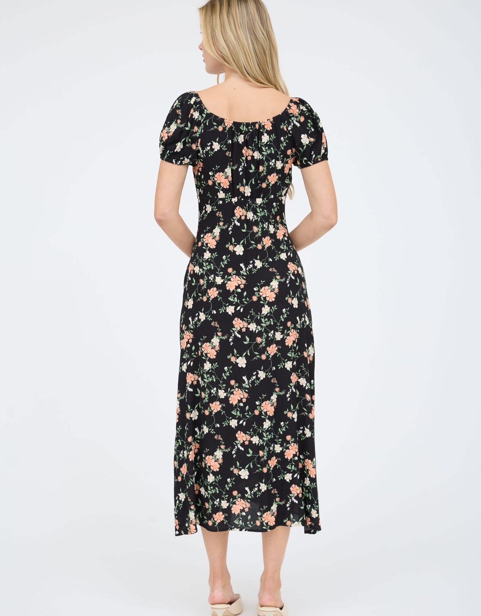 Miss Bliss Workshop Floral SS Puff Slv Midi Dress-Black