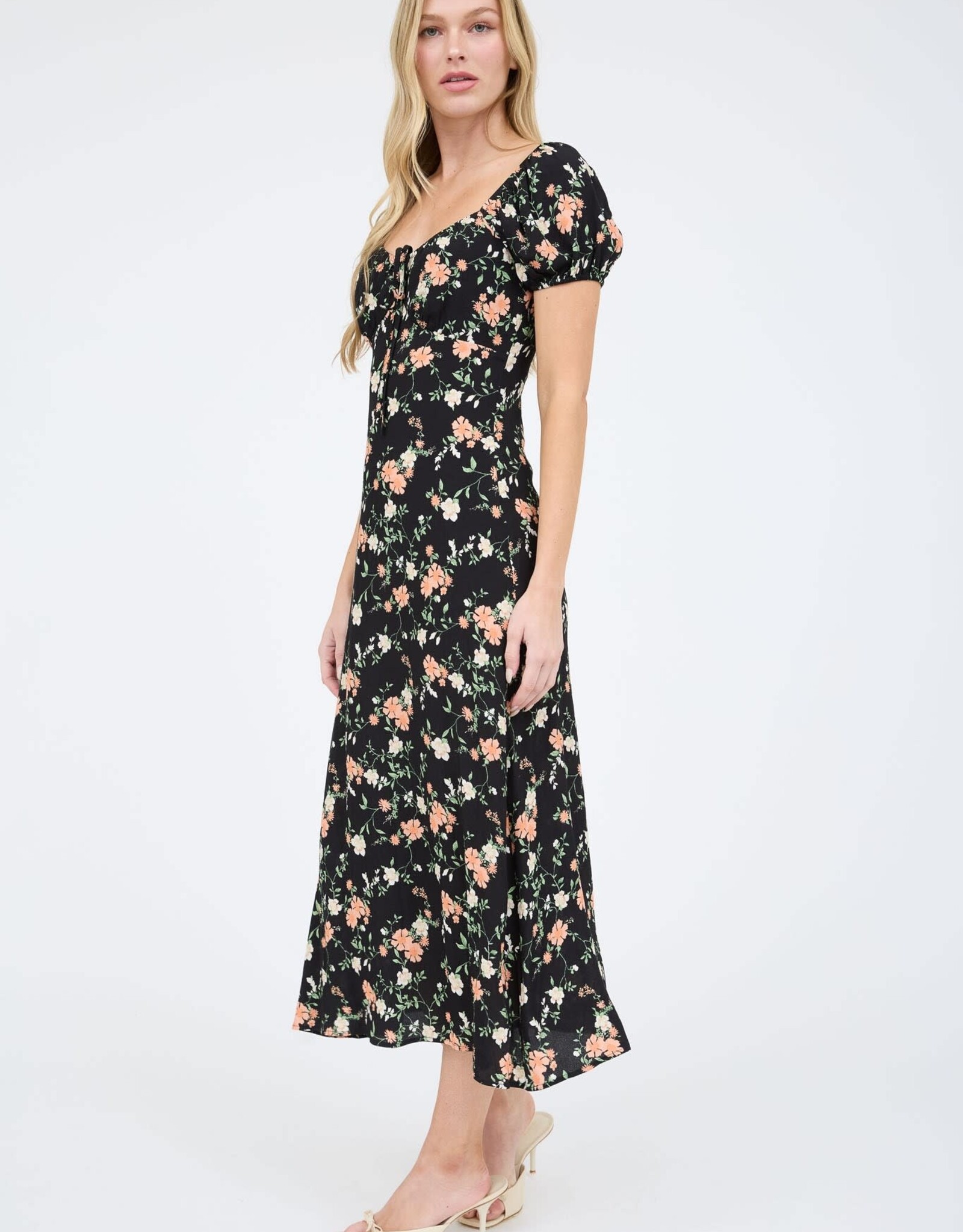 Miss Bliss Workshop Floral SS Puff Slv Midi Dress-Black