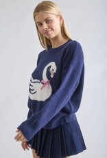Miss Bliss Workshop Swan Bow Motif Knit Pullover Sweater-Navy