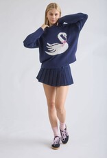Miss Bliss Workshop Swan Bow Motif Knit Pullover Sweater-Navy