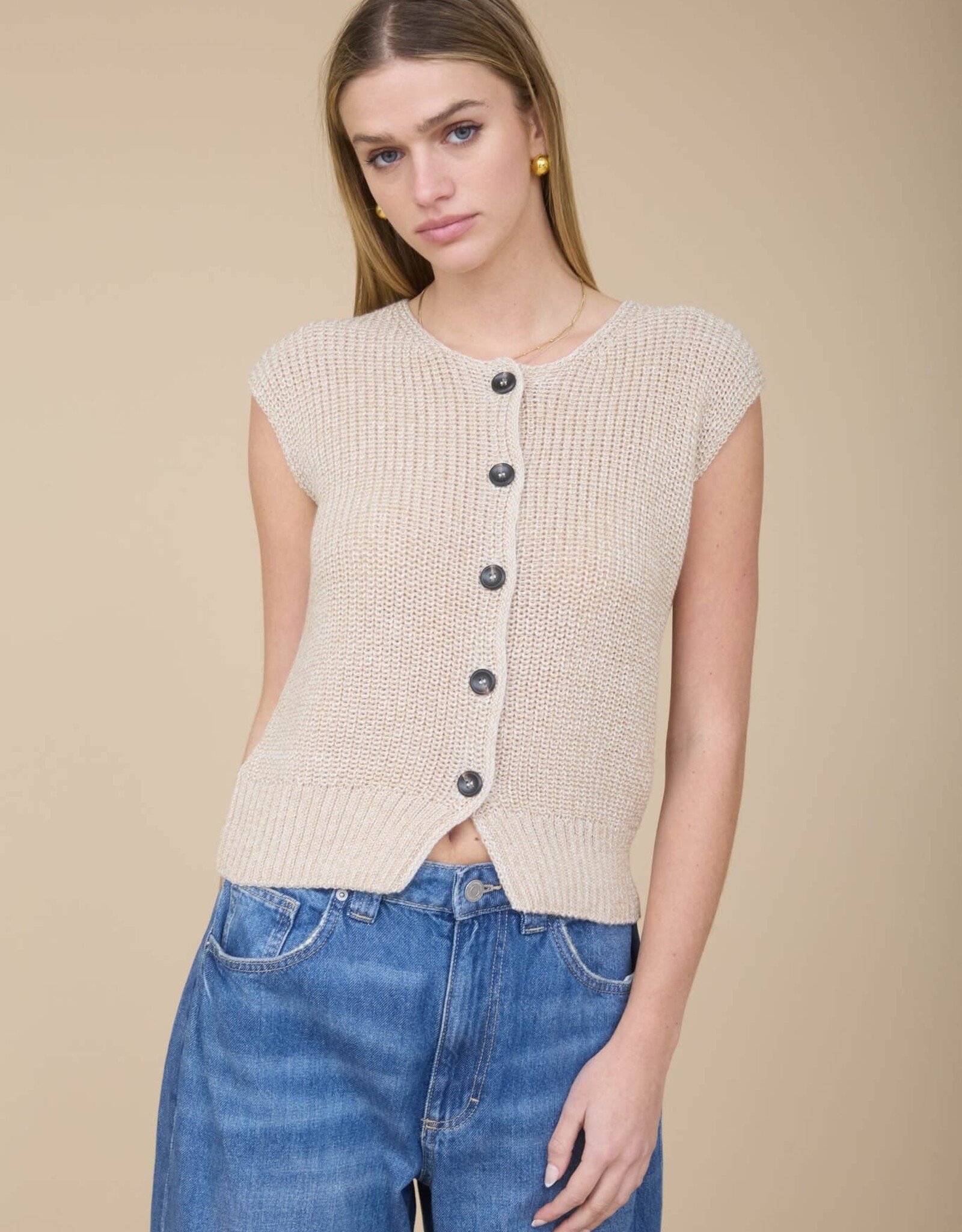 Miss Bliss Workshop Marled Button Dwn Sweater Vest-Khaki