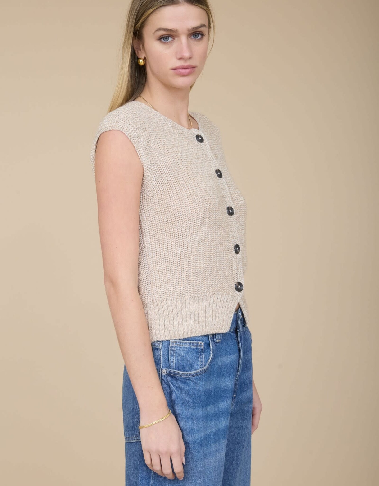 Miss Bliss Workshop Marled Button Dwn Sweater Vest-Khaki